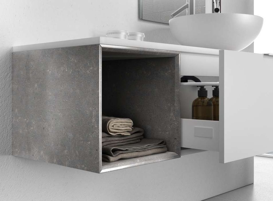 Ensemble meuble de salle de bain 1 tiroir laqué blanc et pierre grise et miroir Catan L 135 cm - Photo n°4
