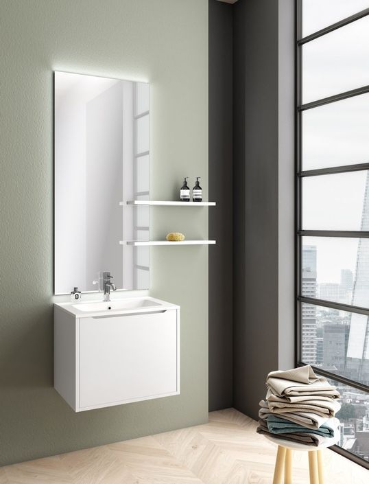 Ensemble meuble de salle de bain 1 tiroir laqué blanc mat avec miroir lumineux et 2 étagères Selb L 60 cm - Photo n°1