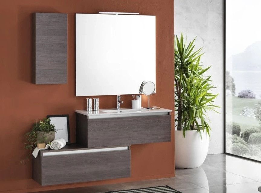 Ensemble meuble de salle de bain 2 tiroirs 1 armoire bois foncé et miroir à LED Teph L 150 cm - Photo n°1