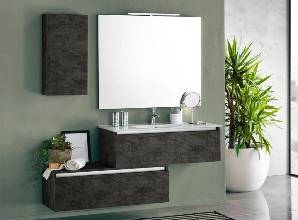 Ensemble meuble de salle de bain 2 tiroirs 1 armoire gris oxyde mat et miroir à LED Teph L 150 cm - Photo n°1