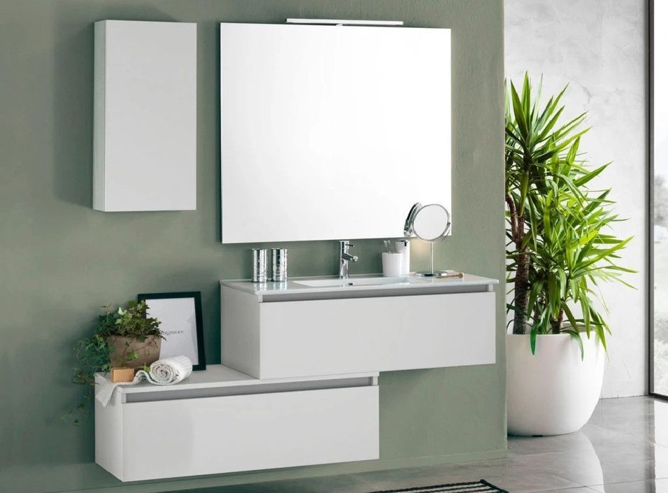 Ensemble meuble de salle de bain 2 tiroirs 1 armoire laqué blanc mat et miroir à LED Teph L 150 cm - Photo n°1