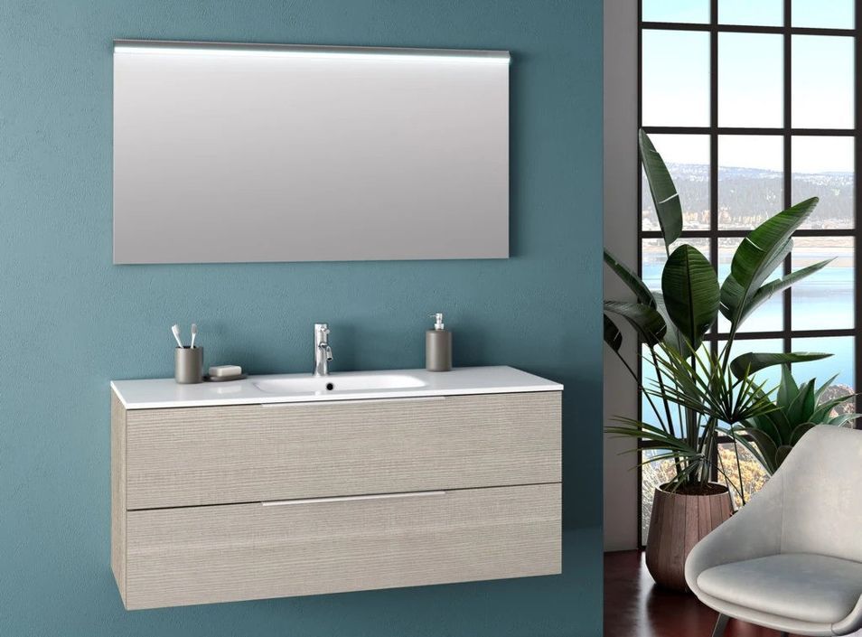 Ensemble meuble de salle de bain 2 tiroirs beige et miroir lumineux Molam L 120 cm - Photo n°1