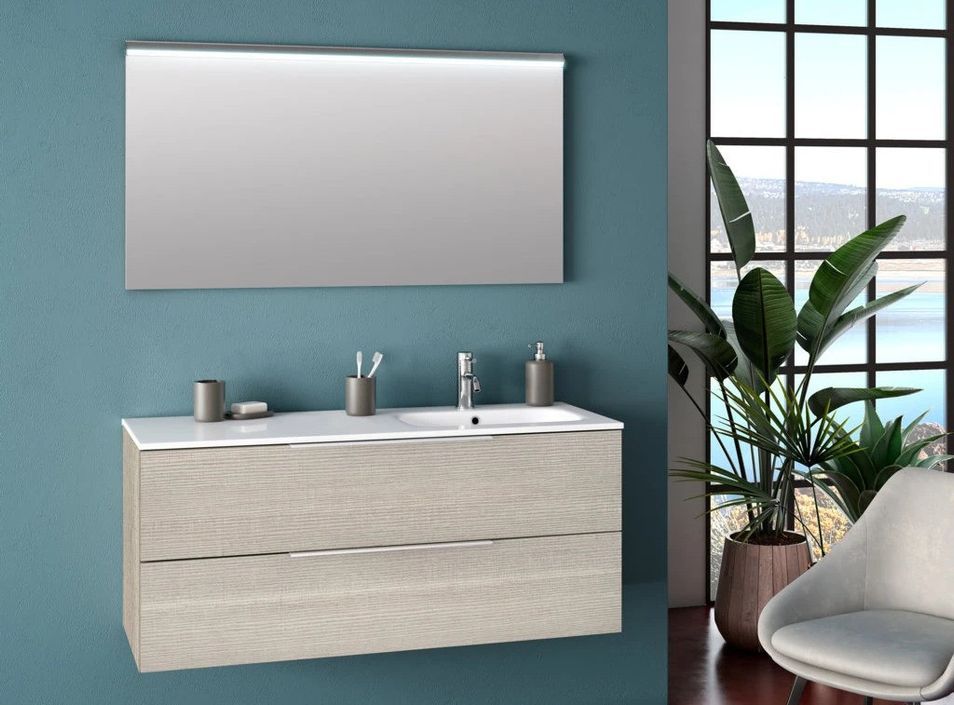 Ensemble meuble de salle de bain 2 tiroirs bois beige et miroir à LED Malo L 120 cm - Photo n°1