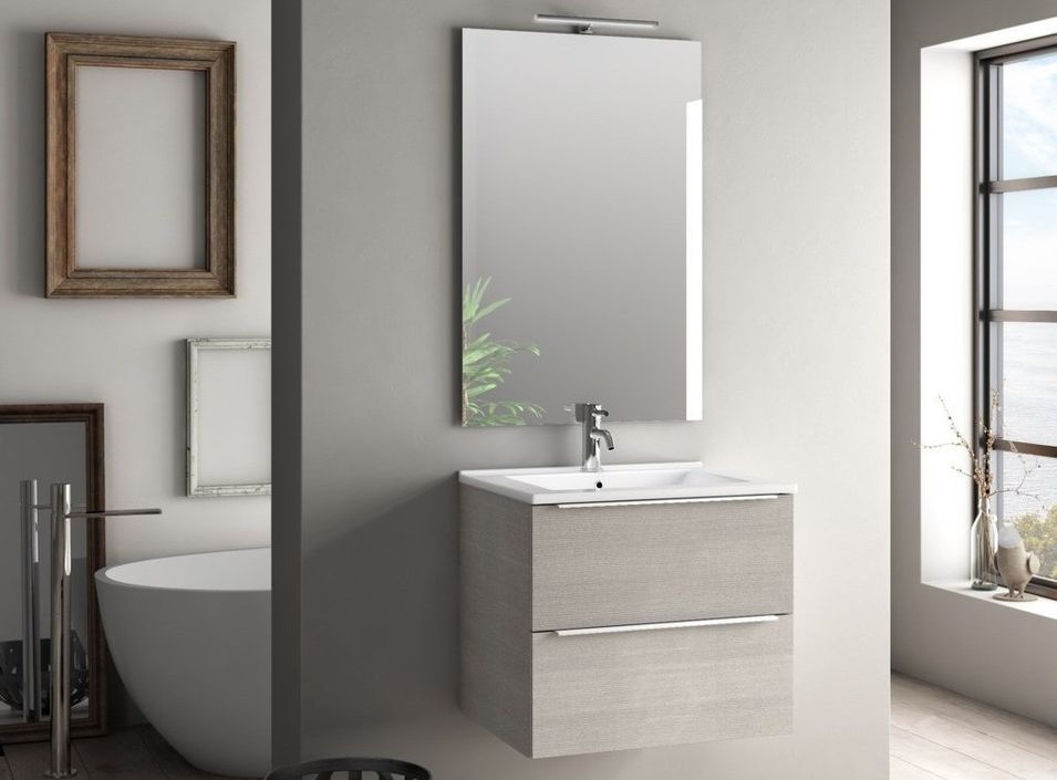 Ensemble meuble de salle de bain 2 tiroirs bois beige et miroir lumineux Malo L 60 cm - Photo n°1