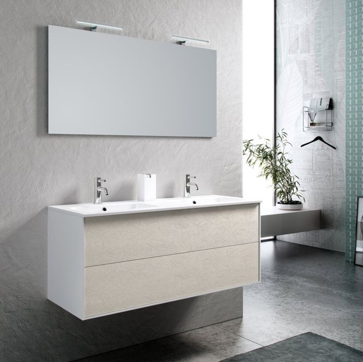 Ensemble meuble de salle de bain 2 tiroirs bois blanc double vasque et miroir à LED Oga L 120 cm - Photo n°1