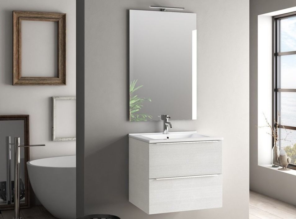 Ensemble meuble de salle de bain 2 tiroirs bois blanc et miroir lumineux Malo L 60 cm - Photo n°1