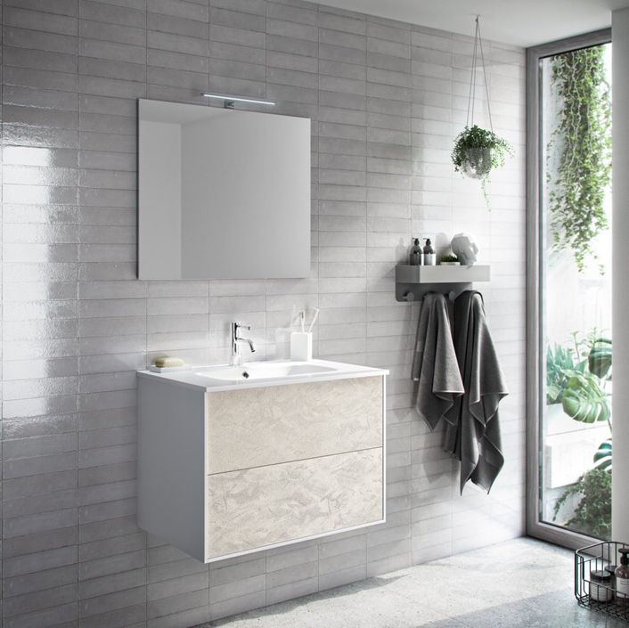 Ensemble meuble de salle de bain 2 tiroirs bois blanc et miroir à LED Oga L 70 cm - Photo n°1