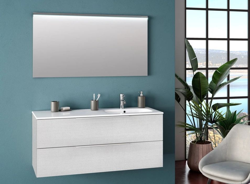 Ensemble meuble de salle de bain 2 tiroirs bois blanc et miroir à LED Malo L 120 cm - Photo n°1