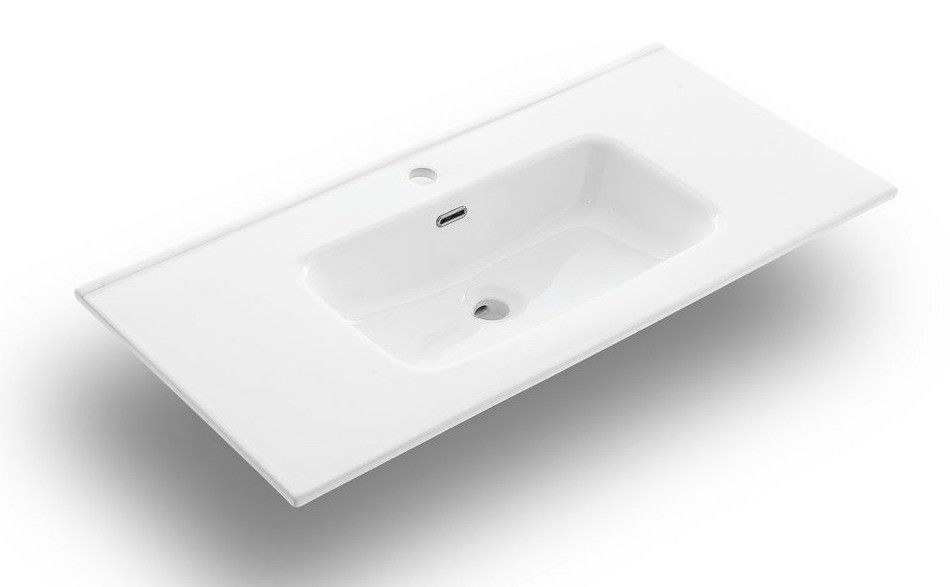 Ensemble meuble de salle de bain 2 tiroirs bois blanc et miroir à LED Mola L 90 cm - Photo n°2