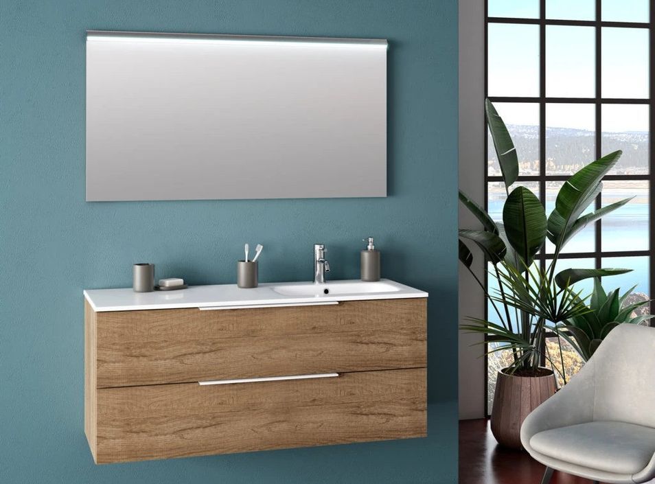 Ensemble meuble de salle de bain 2 tiroirs bois chêne clair et miroir à LED Malo L 120 cm - Photo n°1