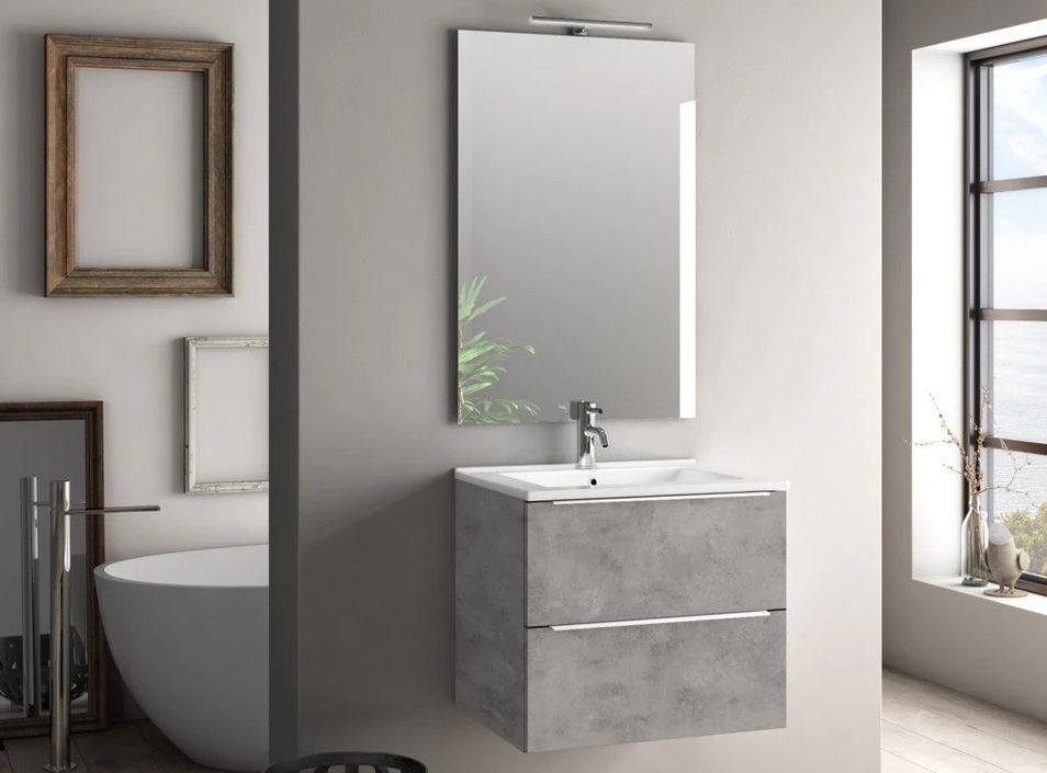 Ensemble meuble de salle de bain 2 tiroirs bois effet béton et miroir lumineux Malo L 60 cm - Photo n°1