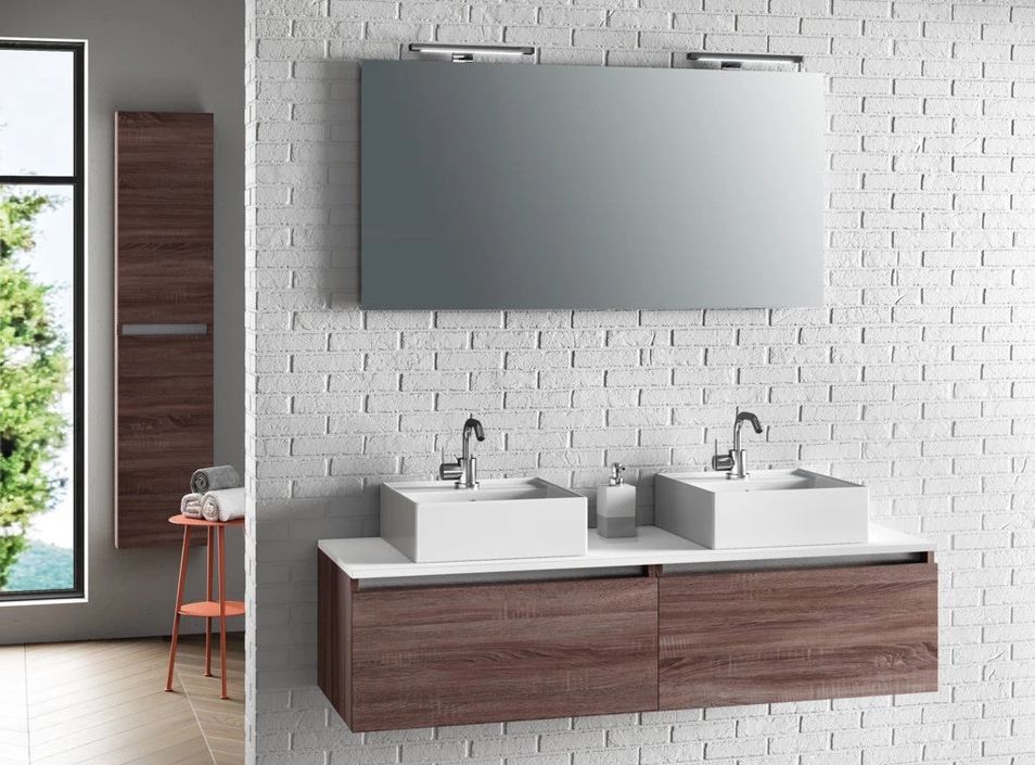 Ensemble meuble de salle de bain 2 tiroirs bois foncé et miroir lumineux Teph L 140 cm - Photo n°1