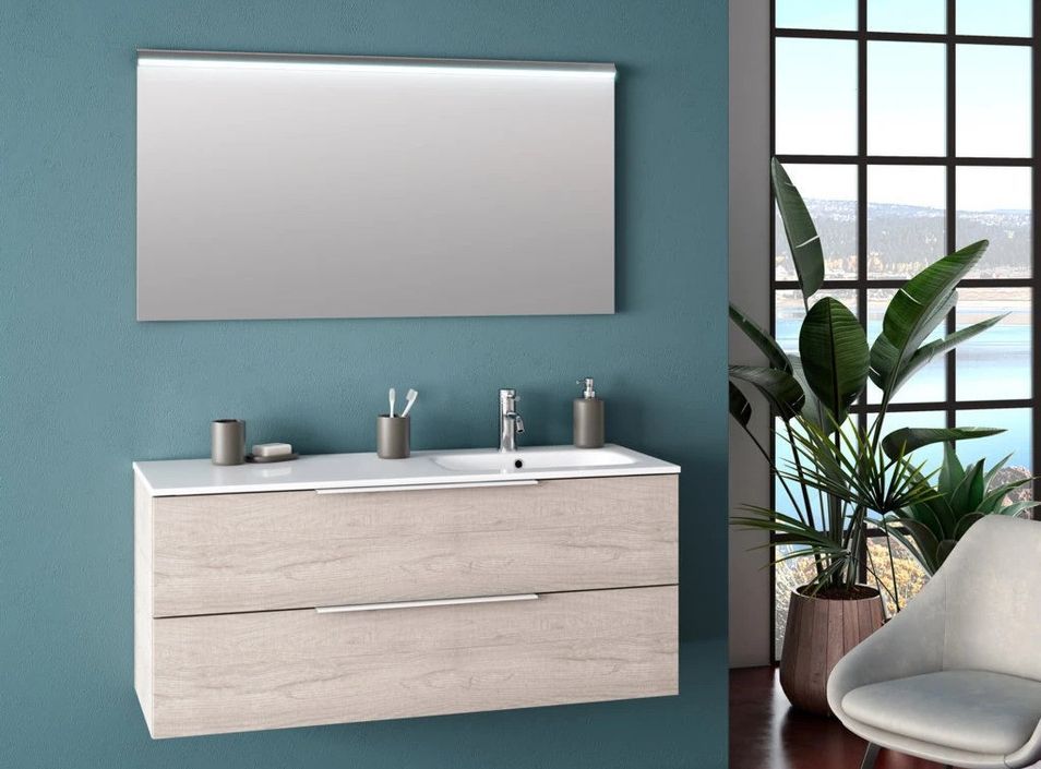 Ensemble meuble de salle de bain 2 tiroirs bois gris clair et miroir à LED Malo L 120 cm - Photo n°1