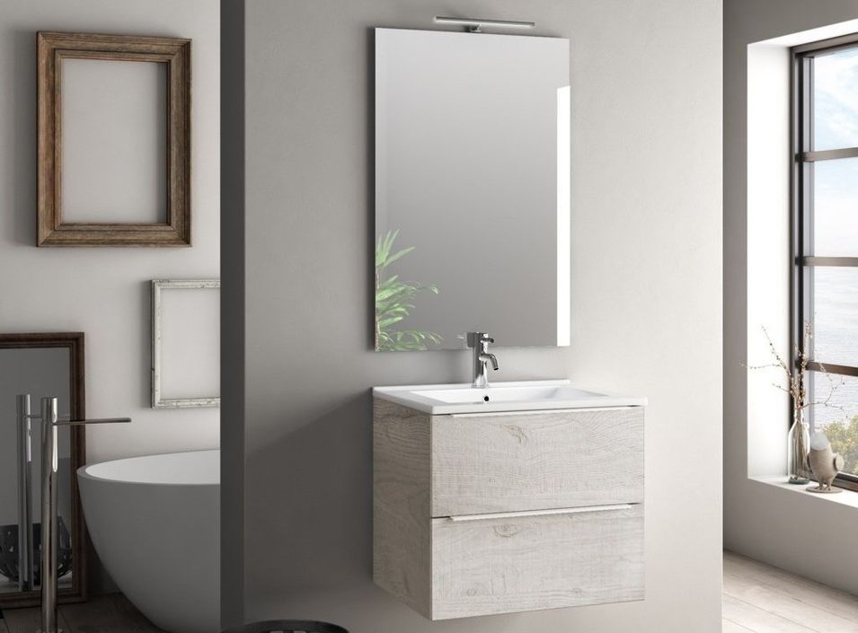 Ensemble meuble de salle de bain 2 tiroirs bois gris clair et miroir lumineux Malo L 60 cm - Photo n°1