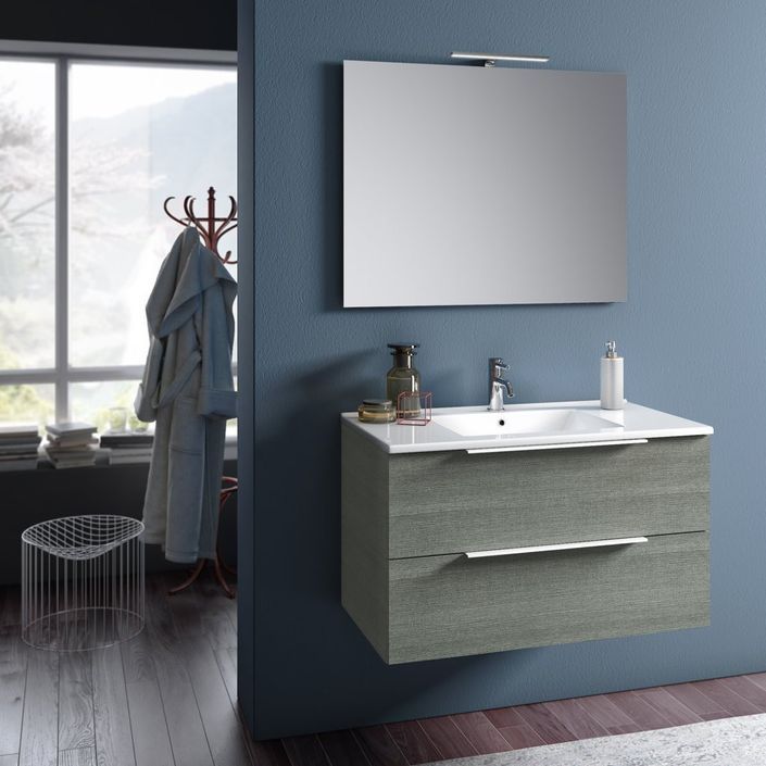 Ensemble meuble de salle de bain 2 tiroirs bois gris et miroir à LED Mola L 90 cm - Photo n°1