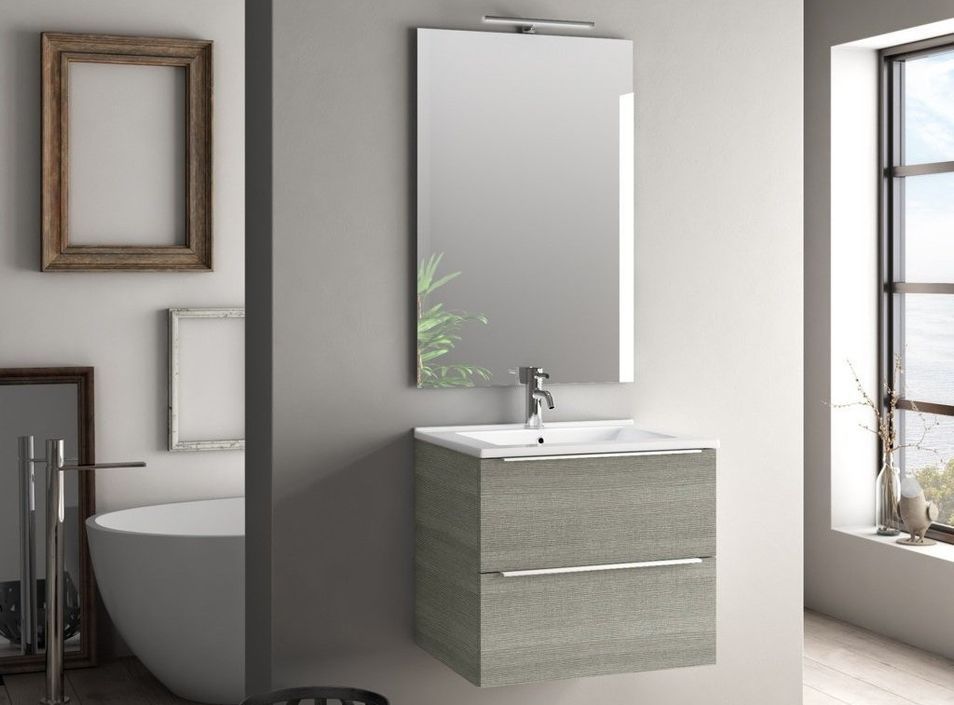 Ensemble meuble de salle de bain 2 tiroirs bois gris et miroir lumineux Malo L 60 cm - Photo n°1