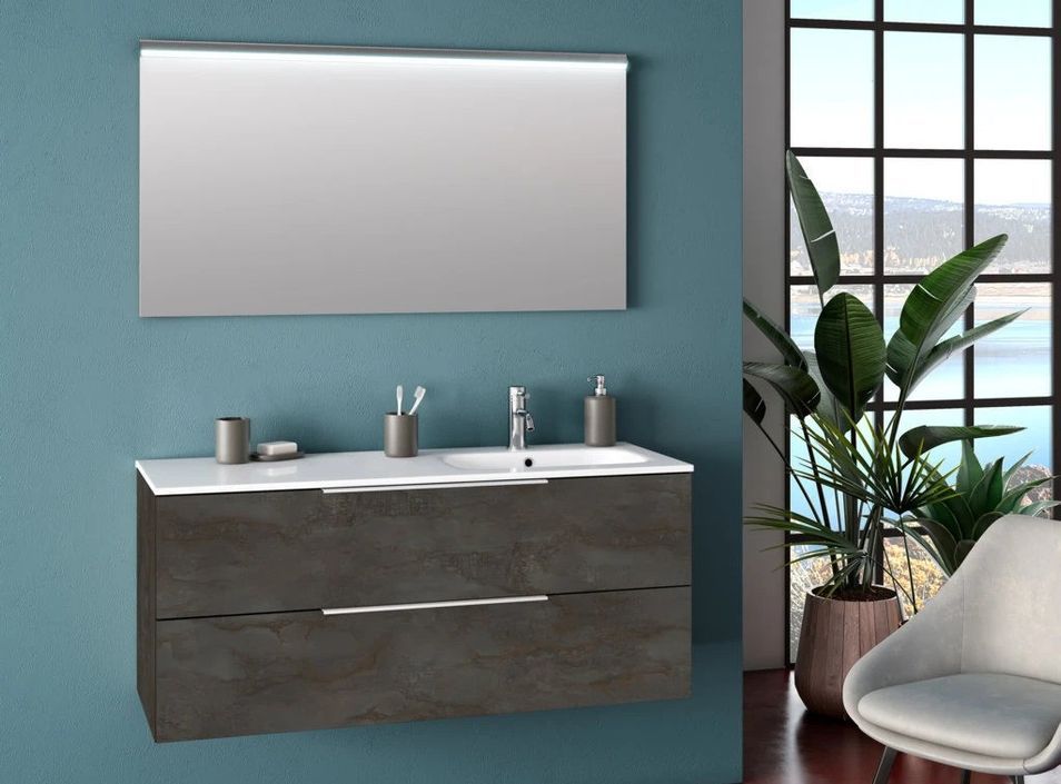 Ensemble meuble de salle de bain 2 tiroirs bois gris oxyde et miroir à LED Malo L 120 cm - Photo n°1