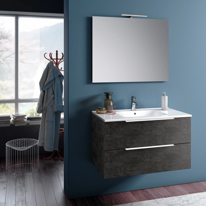 Ensemble meuble de salle de bain 2 tiroirs gris oxyde et miroir à LED Mola L 100 cm - Photo n°1