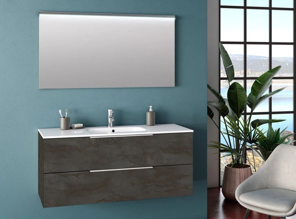 Ensemble meuble de salle de bain 2 tiroirs gris oxyde et miroir lumineux Molam L 120 cm - Photo n°1