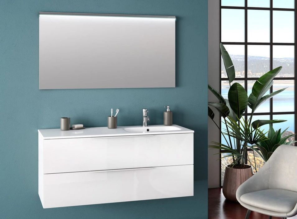 Ensemble meuble de salle de bain 2 tiroirs laqué blanc brillant et miroir à LED Malo L 120 cm - Photo n°1