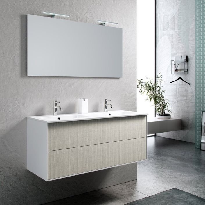 Ensemble meuble de salle de bain 2 tiroirs laqué blanc et beige double vasque et miroir à LED Oga L 120 cm - Photo n°1
