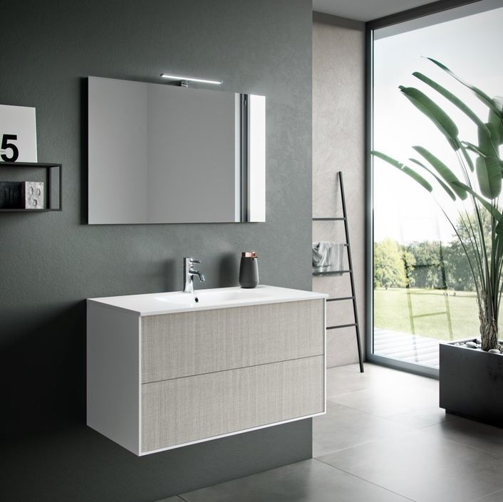 Ensemble meuble de salle de bain 2 tiroirs laqué blanc et beige et miroir à LED Oga L 100 cm - Photo n°1