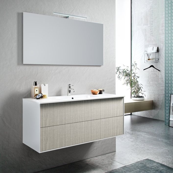 Ensemble meuble de salle de bain 2 tiroirs laqué blanc et beige et miroir à LED Lago L 120 cm - Photo n°1