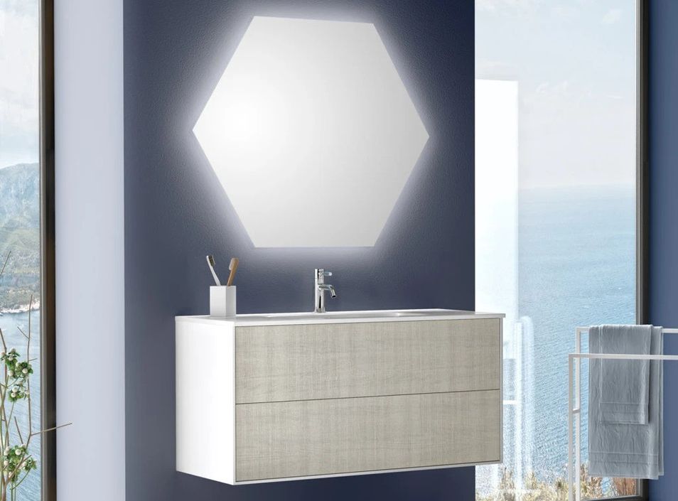 Ensemble meuble de salle de bain 2 tiroirs laqué blanc et beige et miroir lumineux Lago L 100 cm - Photo n°1