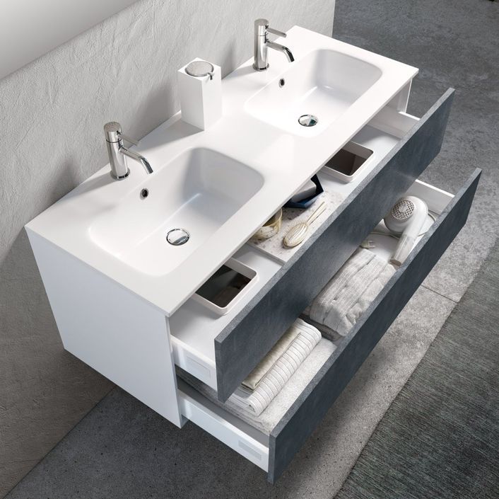 Ensemble meuble de salle de bain 2 tiroirs laqué blanc et bleu effet pierre double vasque et miroir à LED Oga L 120 cm - Photo n°2