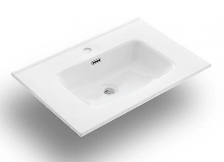 Ensemble meuble de salle de bain 2 tiroirs laqué blanc et bleu effet pierre et miroir à LED Lago L 80 cm - Photo n°2