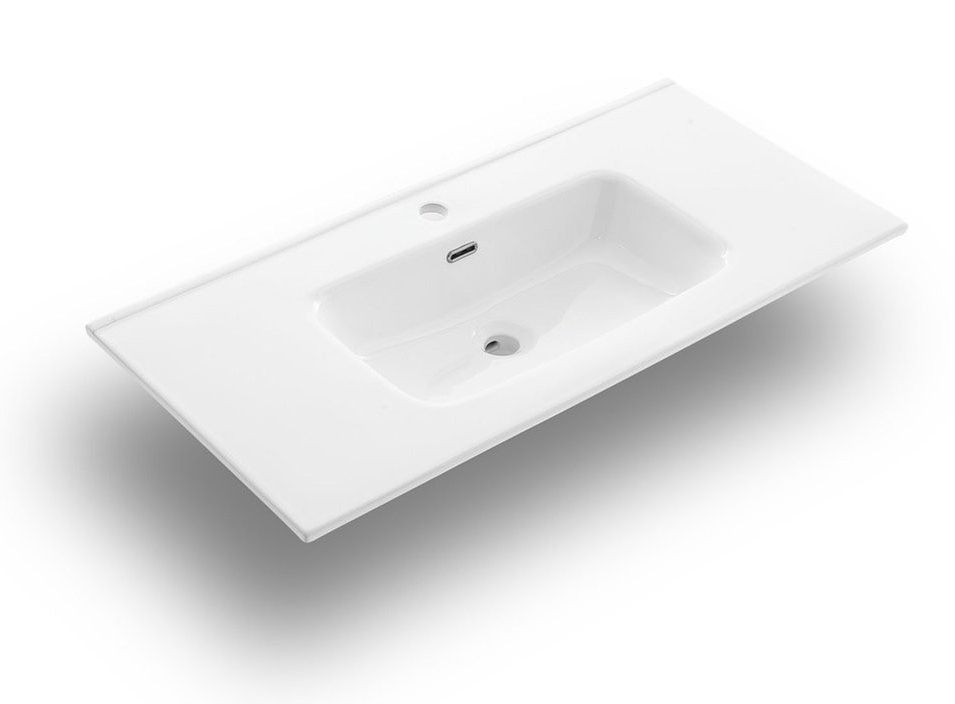 Ensemble meuble de salle de bain 2 tiroirs laqué blanc et bleu effet pierre et miroir à LED Oga L 90 cm - Photo n°3