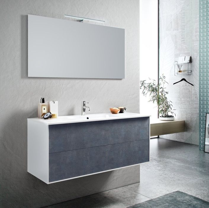 Ensemble meuble de salle de bain 2 tiroirs laqué blanc et bleu effet pierre et miroir à LED Lago L 120 cm - Photo n°1