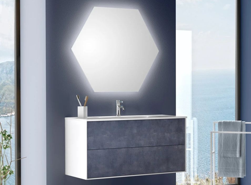 Ensemble meuble de salle de bain 2 tiroirs laqué blanc et bleu gris et miroir lumineux Lago L 100 cm - Photo n°1