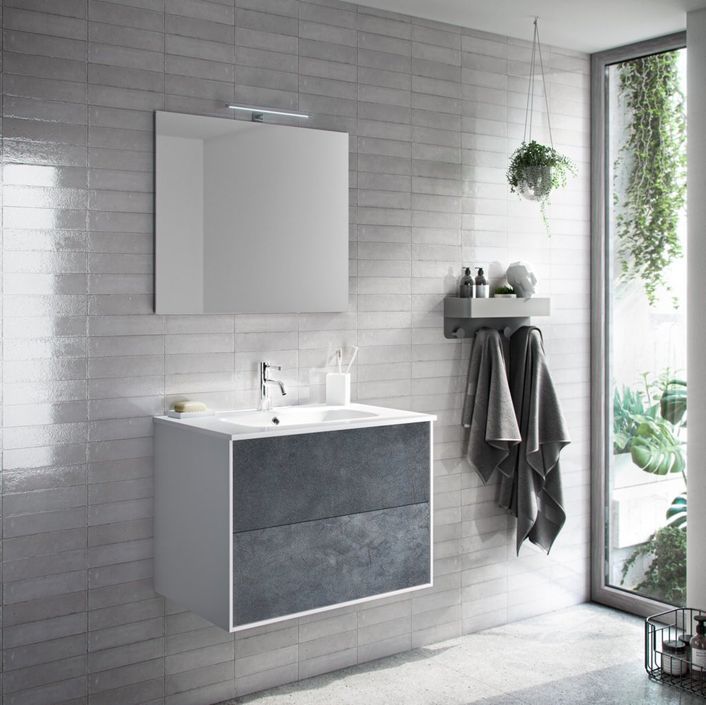 Ensemble meuble de salle de bain 2 tiroirs laqué blanc et bleu gris et miroir lumineux Lago L 60 cm - Photo n°1