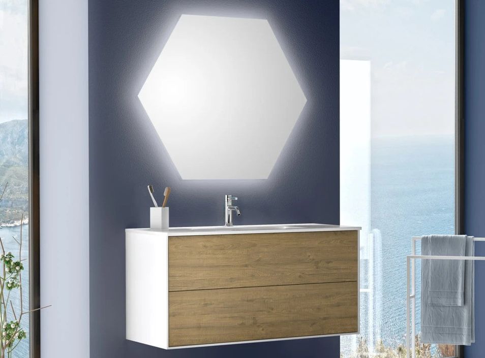 Ensemble meuble de salle de bain 2 tiroirs laqué blanc et chêne et miroir lumineux Lago L 100 cm - Photo n°1