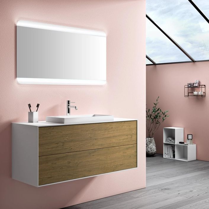 Ensemble meuble de salle de bain 2 tiroirs laqué blanc et chêne et miroir lumineux Lago L 120 cm 2 - Photo n°1