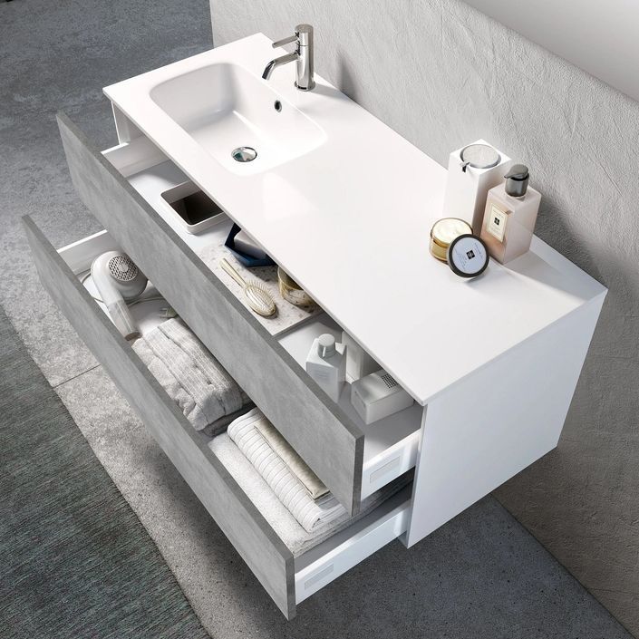 Ensemble meuble de salle de bain 2 tiroirs laqué blanc et effet béton et miroir à LED Goa L 120 cm - Photo n°2