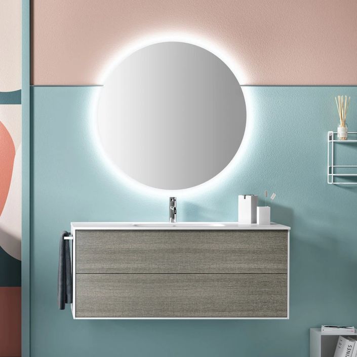 Ensemble meuble de salle de bain 2 tiroirs laqué blanc et gris et miroir lumineux Lago L 120 cm - Photo n°1