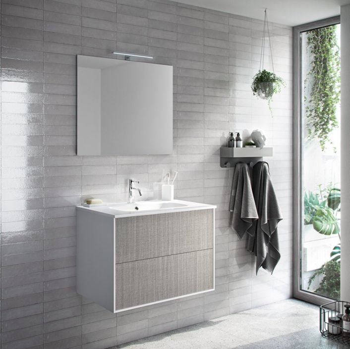 Ensemble meuble de salle de bain 2 tiroirs laqué blanc et gris et miroir lumineux Lago L 60 cm - Photo n°1