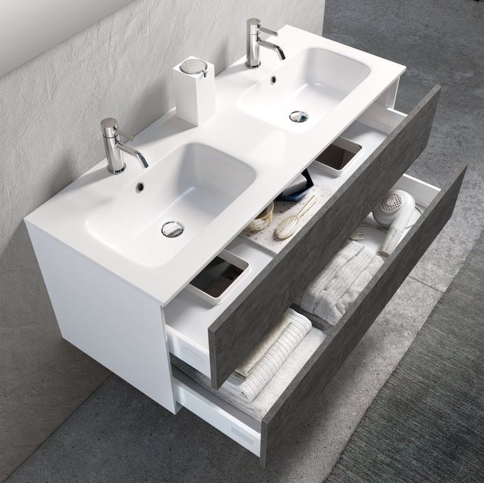 Ensemble meuble de salle de bain 2 tiroirs laqué blanc et gris oxyde double vasque et miroir à LED Oga L 120 cm - Photo n°2