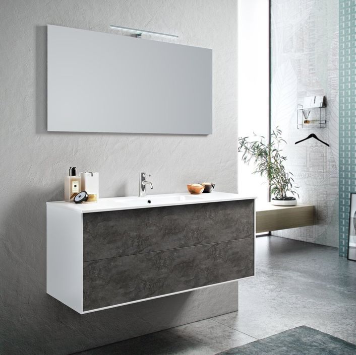 Ensemble meuble de salle de bain 2 tiroirs laqué blanc et gris oxyde et miroir à LED Lago L 120 cm - Photo n°1