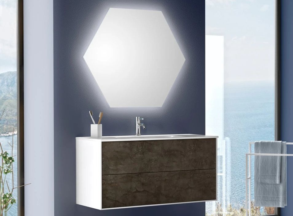 Ensemble meuble de salle de bain 2 tiroirs laqué blanc et gris oxyde et miroir lumineux Lago L 100 cm - Photo n°1