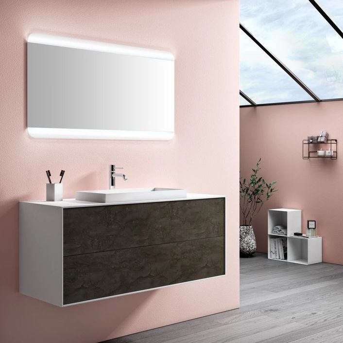 Ensemble meuble de salle de bain 2 tiroirs laqué blanc et gris oxyde et miroir lumineux Lago L 120 cm 2 - Photo n°1