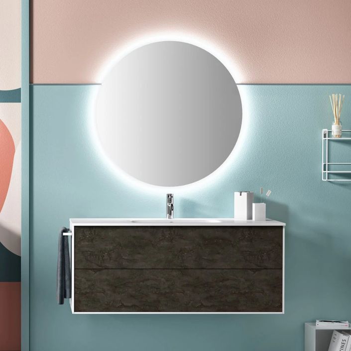 Ensemble meuble de salle de bain 2 tiroirs laqué blanc et gris oxyde et miroir lumineux Lago L 120 cm - Photo n°1