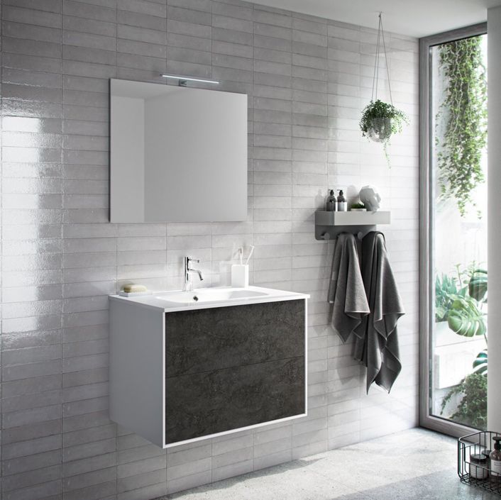 Ensemble meuble de salle de bain 2 tiroirs laqué blanc et gris oxyde et miroir lumineux Lago L 60 cm - Photo n°1