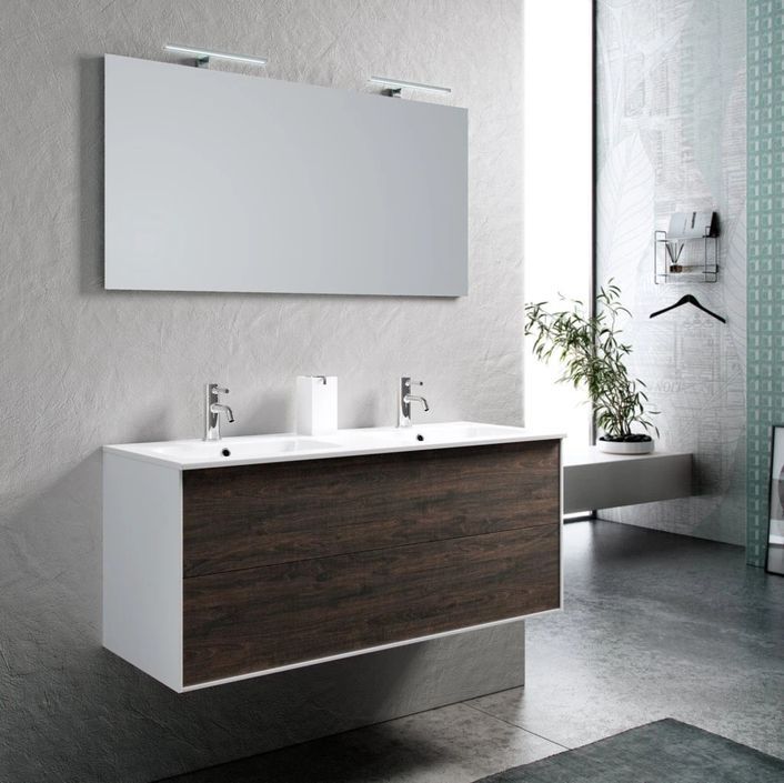 Ensemble meuble de salle de bain 2 tiroirs laqué blanc et marron double vasque et miroir à LED Oga L 120 cm - Photo n°1