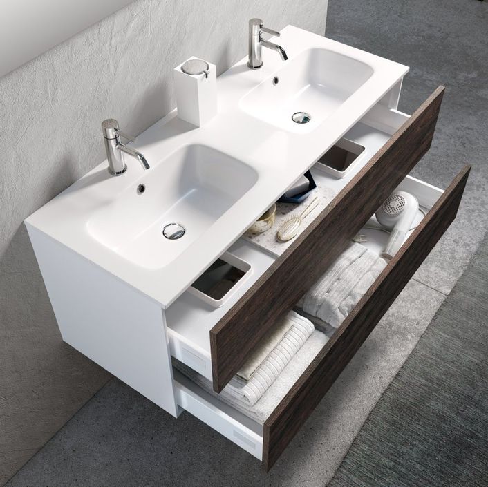 Ensemble meuble de salle de bain 2 tiroirs laqué blanc et marron double vasque et miroir à LED Oga L 120 cm - Photo n°2