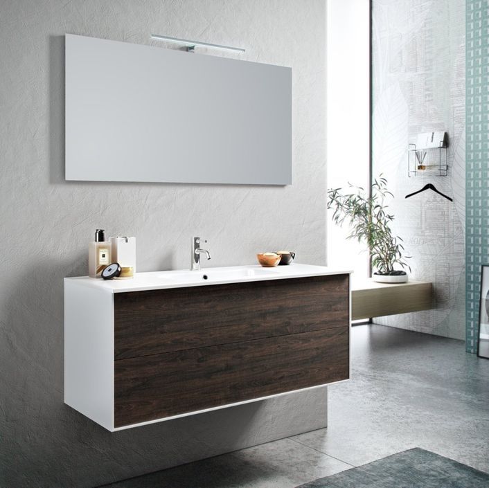 Ensemble meuble de salle de bain 2 tiroirs laqué blanc et marron et miroir à LED Lago L 120 cm - Photo n°1