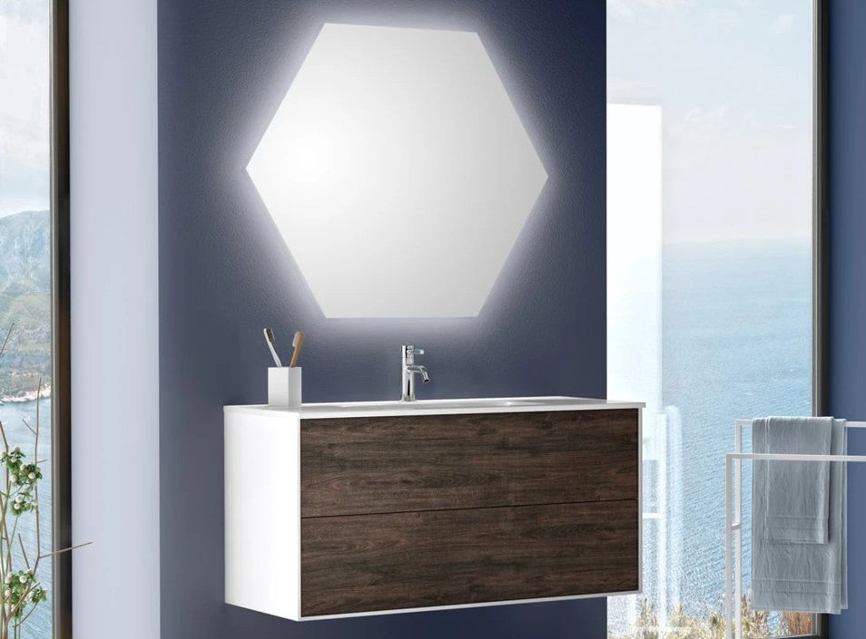 Ensemble meuble de salle de bain 2 tiroirs laqué blanc et marron et miroir lumineux Lago L 100 cm - Photo n°1