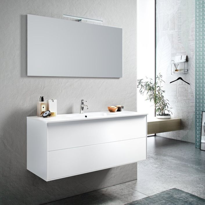 Ensemble meuble de salle de bain 2 tiroirs laqué blanc et miroir à LED Lago L 120 cm - Photo n°1